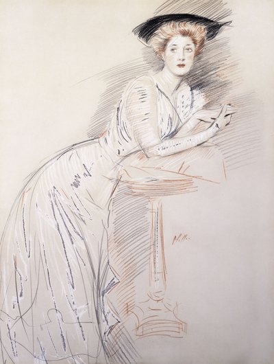 Portræt af frøken Taylor læner sig på et bord, af Paul Cesar Helleu