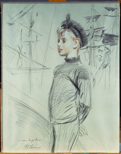 Portræt af en ung dreng i sømandshat og skildpaddehals med skibe i baggrunden af Paul Cesar Helleu