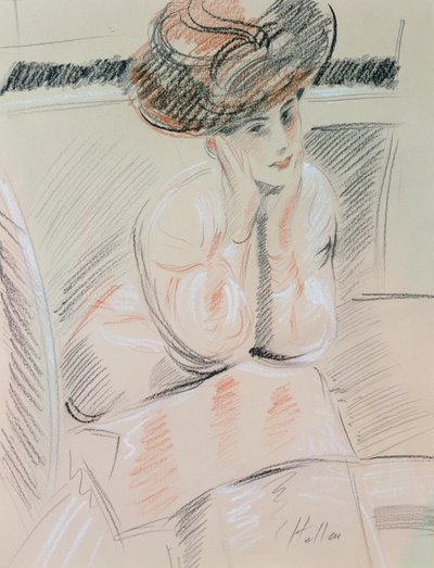 Portræt af en dame (sort, hvid og rødt kridt på buff papir) af Paul Cesar Helleu