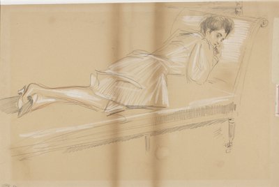 Kvinde liggende fremad på en sofa af Paul Cesar Helleu