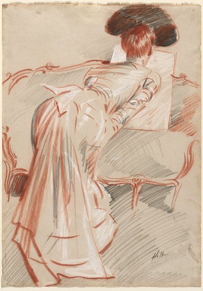 Kvinde (muligvis Madame Alice Hellu) kigger på en tegning, ca. 1895 (sort, rødt og hvidt kridt) af Paul Cesar Helleu