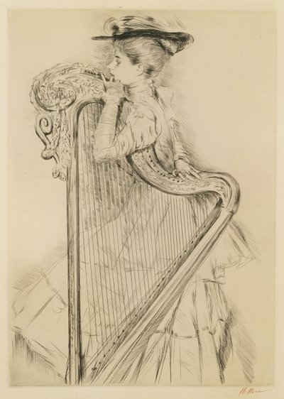 Kvinde med en harpe (tørpunkt) af Paul Cesar Helleu