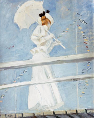 Ung kvinde med en parasol på en anløbsbro af Paul Cesar Helleu