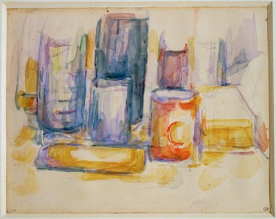Et køkkenbord, gryder og flasker (maleri) af Paul Cézanne