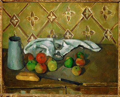 Frugt, serviet og kande med mælk af Paul Cézanne