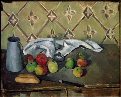 Frugter, serviet og mælkekasse - Olie på lærred af Paul Cézanne