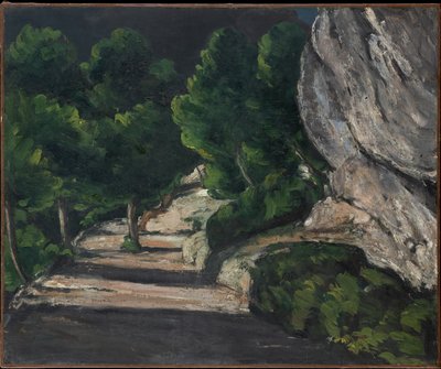 Landskab. Vej med træer i klippefyldte bjerge af Paul Cézanne