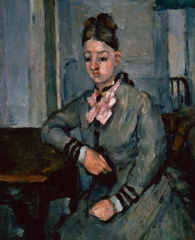Madame Cezanne læner sig op ad et bord, ca. 1873 (olie på lærred) af Paul Cézanne