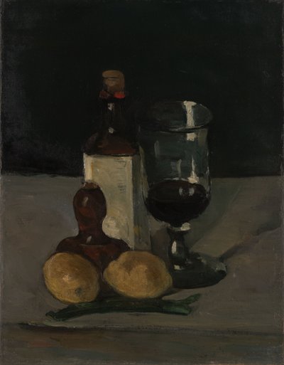 Stilleben med flaske, glas og citroner af Paul Cézanne