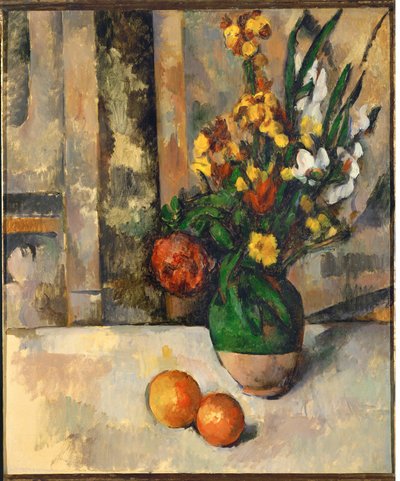 Vase og æbler (olie på lærred) af Paul Cezanne
