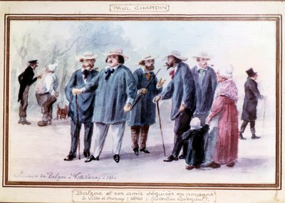 Den franske forfatter Honore de Balzac (1799-1850) og hans venner forklæder sig som bønder i byen Avray i 1840. Akvarel malet efter hukommelsen af Paul Chardin (1833-?) af Paul Chardin