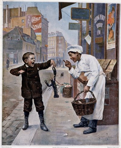 Ung kok laver grin med et barn, der bliver klemt af en hummer - tegning af Chocarne-Moreau af Paul Charles Chocarne Moreau