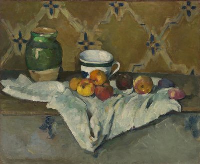 Stilleben med krukke, kop og æbler, ca. 1877 af Paul Cézanne