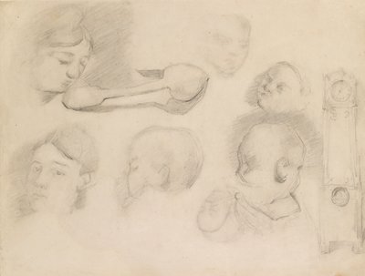 Studier af et barns hoved, et kvindehoved, en ske og et ur, c1872 af Paul Cézanne