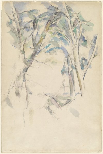 Træer læner sig over klipper af Paul Cézanne