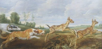 En jagtscene: hunde, der jager to fauner af Paul De Vos