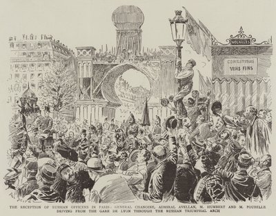 Modtagelse af russiske officerer i Paris, general Chanoine, admiral Avellan, hr. Humbert og hr. Poubelle kører fra Gare de Lyon gennem den russiske triumfbue af Paul Destez