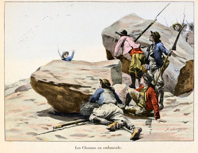 Chouannerie: Les Chouans en ambuscade, slutningen af ​​det 18. århundrede - Illustration af Emile Boutigny (1853-1929) I "" Hoche-Marceau-Desaix "" af Theodore Cahu (1854-1928) - Privat samling - Chouannerie: Illustration af Emile Boutigny (1853) -1929) fo af Paul Émile Boutigny