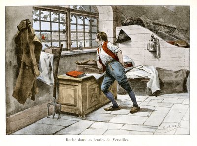 Ranglen i staldene i Versailles: Lazare Hoche (1768-1797) kom ind i de kongelige stalde som 14-årig som overtallig assistent - Illustration af Emile Boutigny (1853-1929) I "Hoche-Marceau-Desaix" af Theodore Cahu (1854-192) ) - Privat samling af Paul Émile Boutigny