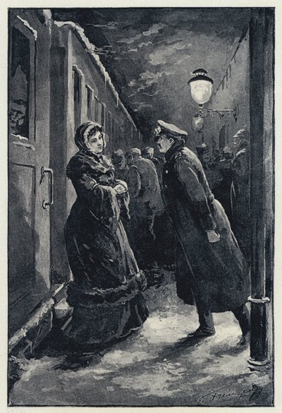 Illustration til Anna Karenina: Vronsky møder Anna på stationen (litho) af Paul Frenzeny