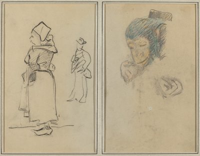 En bretonsk kvinde og en stående mand; Hoved og hånd på en abe [recto] af Paul Gauguin