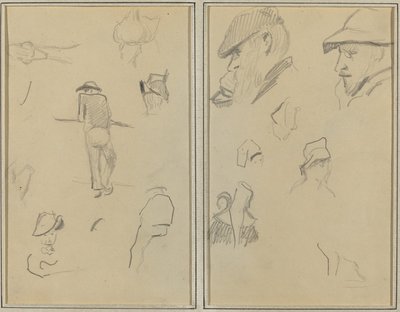 En mand, der læner sig op ad en væg med fem andre undersøgelser; To skæggede mænd iført hatte og fem andre undersøgelser [recto] af Paul Gauguin