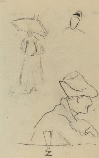 En person, der holder en paraply og en siddende mand med en hat og et glas [verso] af Paul Gauguin