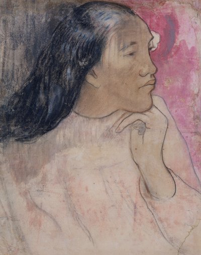 En Tahitiansk kvinde med en blomst i håret, 1891-92 (kul, pastel og vask) af Paul Gauguin
