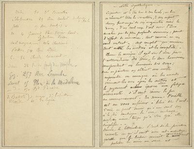 Adresseliste; Manuskriptside [recto] af Paul Gauguin
