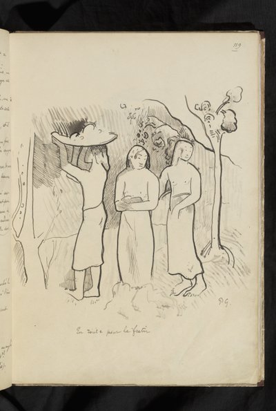 Før og efter - tegning "På vej til festen" af Paul Gauguin