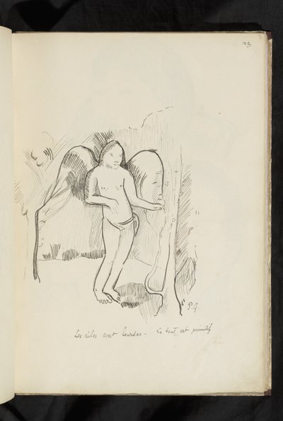 Før og efter - tegning "Vingerne er tunge. Alt er primitivt" af Paul Gauguin