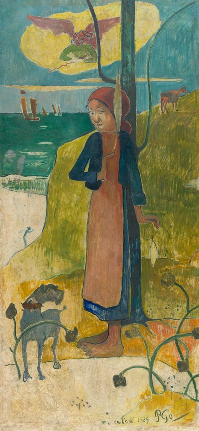 Bretonisches Mädchen beim Spinnen af Paul Gauguin
