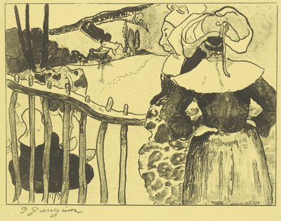 Bretonische Frauen neben einem Zaun af Paul Gauguin
