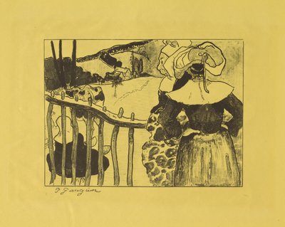 Bretonische Frauen an einem Zaun stehend af Paul Gauguin