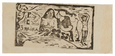 Buste af en nøgen kvinde og trekvart figur af en mand med en hvid kasket i profil, tredje lille figur yderst til højre, hovedstykke til Le sourire af Paul Gauguin