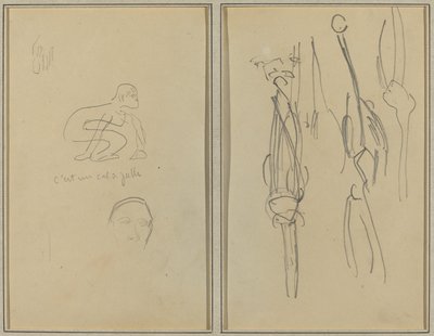 Krøjende abe og mands hoved; Knogler og muskler [verso] af Paul Gauguin