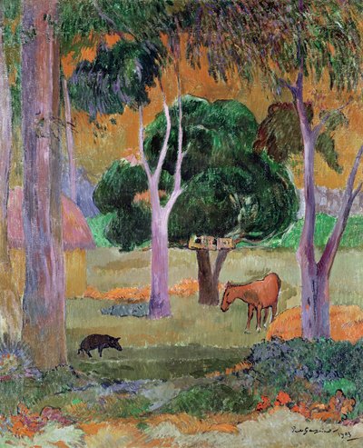 Dominikansk landskab eller, landskab med en gris og hest, 1903 af Paul Gauguin