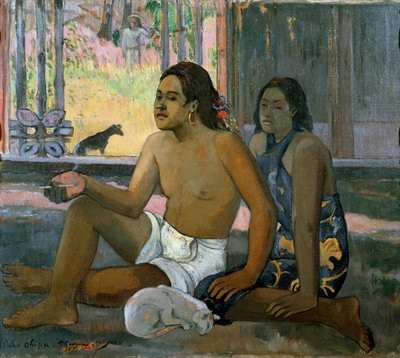 Eiaha Ohipa (Arbejd ikke. Tahitianere i et værelse). Mand og kvinde fra Tahiti, der poserer inde i et hus. Ved deres fødder sover en hvid kat. Maleri af Paul Gauguin (1848-1903) af Paul Gauguin