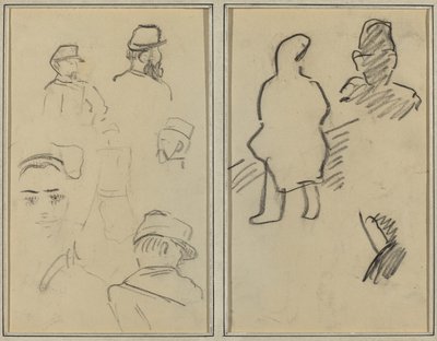 Fem undersøgelser af soldater og en kvindes ansigt; To figurer [recto] af Paul Gauguin