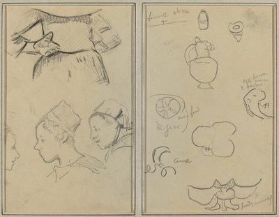 Fire undersøgelser af bretonske kvinder; Former og vaser [verso] af Paul Gauguin