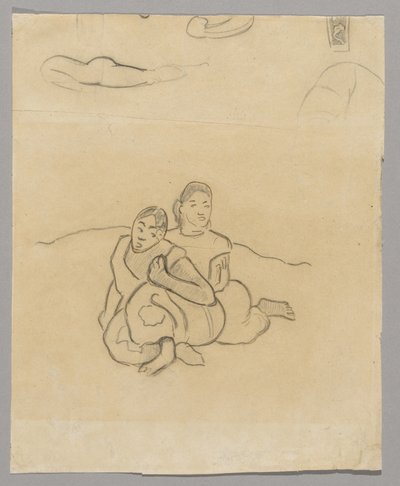 Fragmenter af kroppe, et dekorativt design og to sammenkrøbende tahitiske kvinder i et landskab relateret til Nafea Faaipoipo af Paul Gauguin