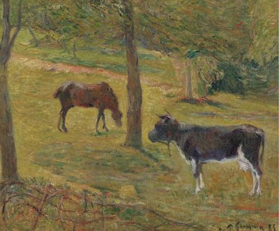 Fransk: Vache et cheval dans un pré Ko og hest på en eng af Paul Gauguin