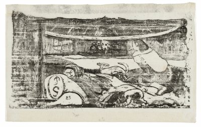 Interiør af en Tahitisk hytte, fra Suite of Late Wood-Block Prints af Paul Gauguin