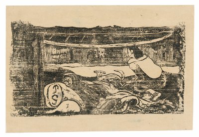 Interiør af en Tahitisk hytte, fra Suite of Late Wood-Block Prints af Paul Gauguin