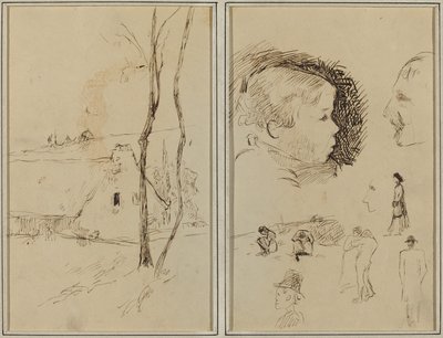 Landskab med et sommerhus; Profil af dreng, profil af mand, to kvinder i et landskab og fem andre undersøgelser [verso] af Paul Gauguin