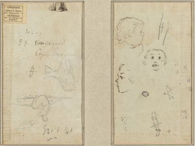 Siddende Figur og en Ko; Tre undersøgelser af et barns hoved af Paul Gauguin