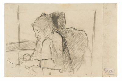Siddende tahitiansk kvinde (recto), skitser af haner og høns (verso) af Paul Gauguin