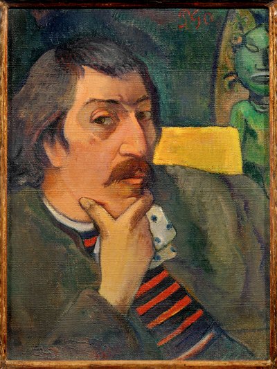 Selvportræt med tahitisk idol (maleri på lærred) af Paul Gauguin