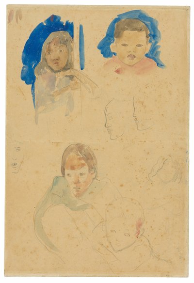 Skitser af børn, en kvinde og profiler (recto), skitser af heste og barn (verso) af Paul Gauguin