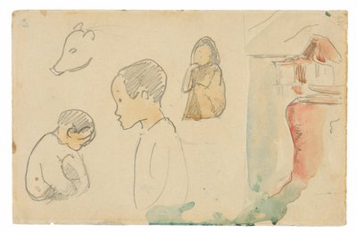 Skitser af krumbøjede og stående figurer, en gris og en hytte ved vandkanten af Paul Gauguin